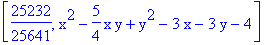 [25232/25641, x^2-5/4*x*y+y^2-3*x-3*y-4]